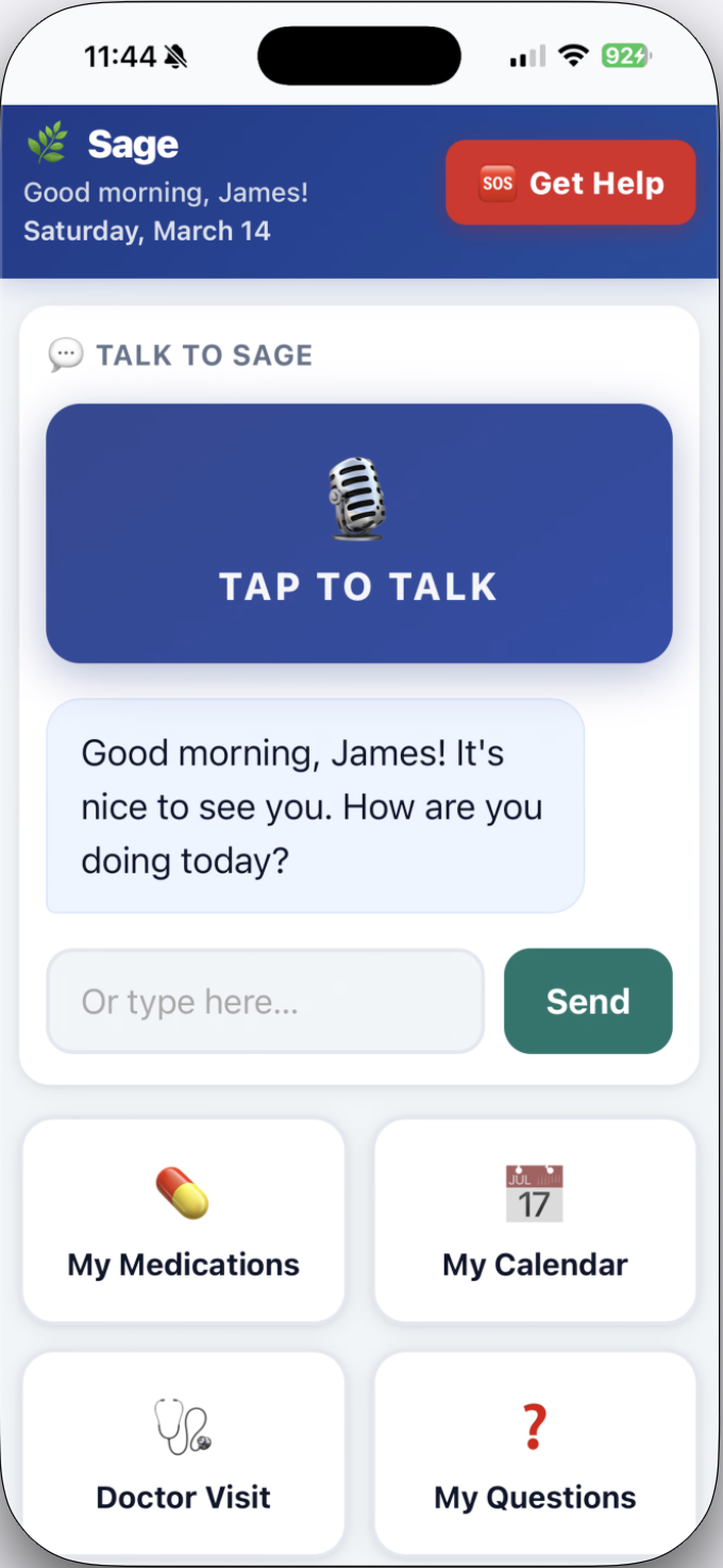 Sage Companion home screen with voice chat and quick actions