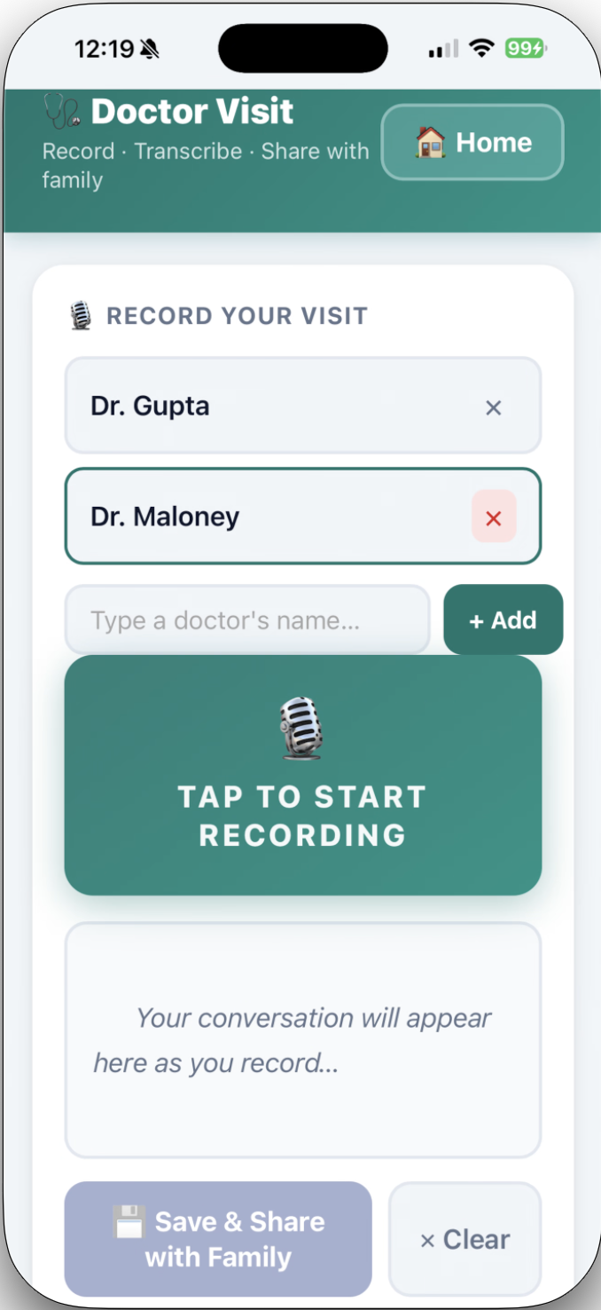 Doctor visit recorder to transcribe and share with family
