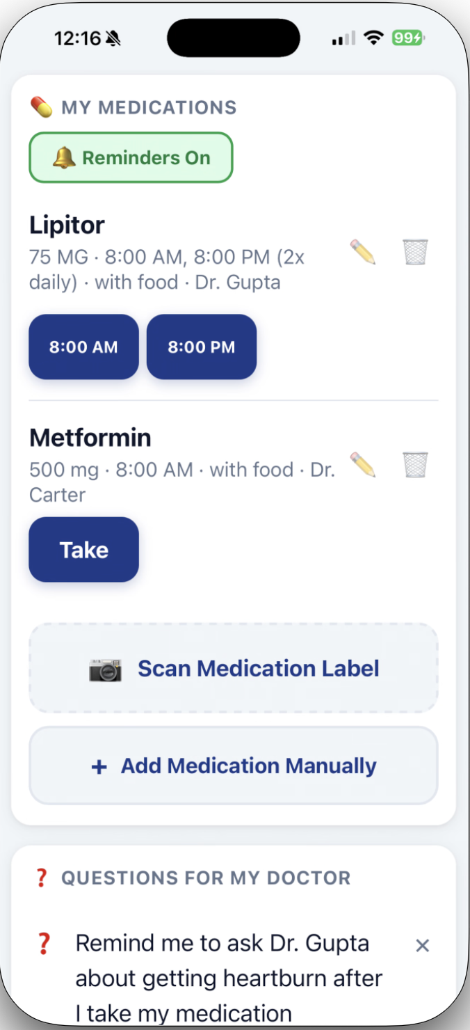 Medication tracking with dose times, reminders, and OCR label scanning