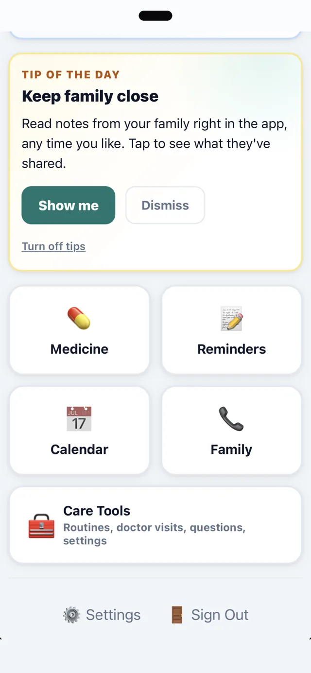 Senior care tools: medicine, reminders, calendar and family